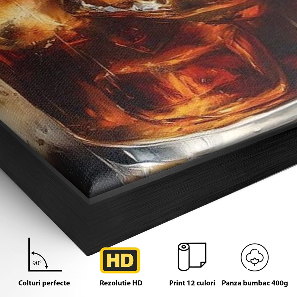 Detaliu al suprafetei: tablou pictura pahar whisky cu gheata, in rama de aluminiu negru